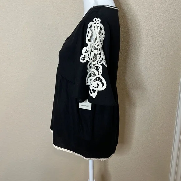 NWT Zara Black Linen & Lace Blouse - Picture 3 of 8